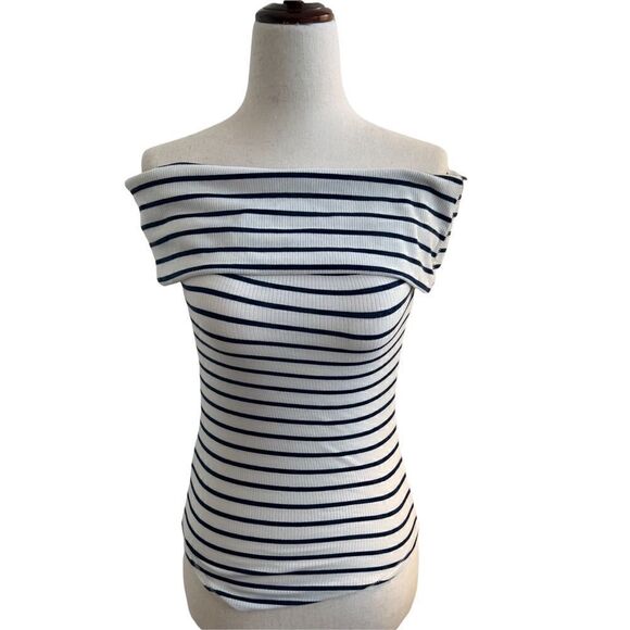Free People Off The Shoulder Fitted Stretch Top Navy + Ivory Striped New w/ Tag - Picture 1 of 7